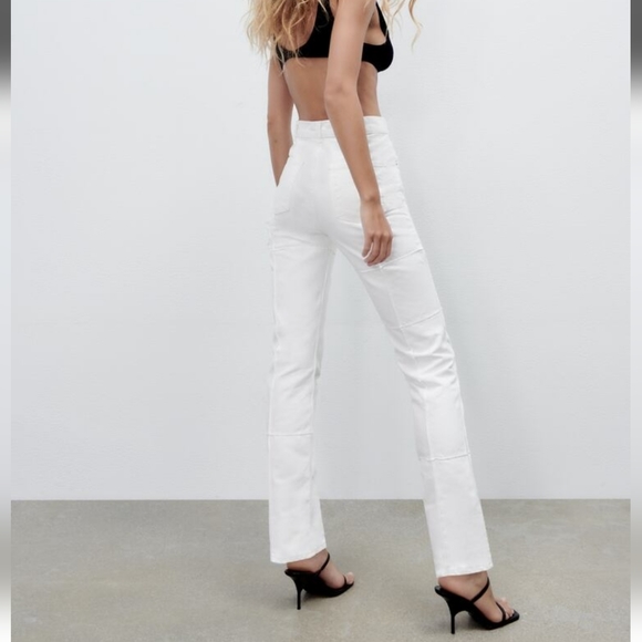 NWT Zara Patchwork Straight Leg White Jeans, Size 0 - Picture 7 of 10